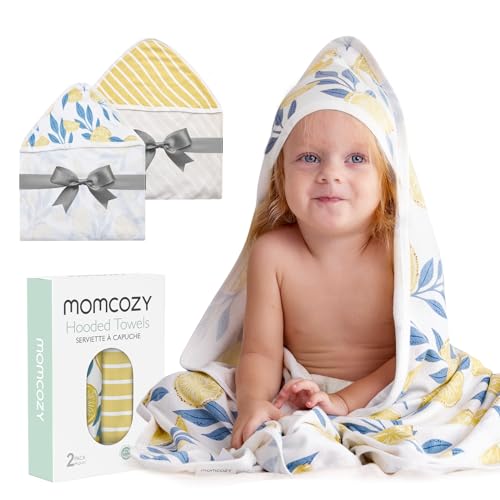 Image of Momcozy Hooded Baby Towel, 2 Pack Baby Bath Towel Set with Large 35 X 35 Inch, Super Soft Cotton and Hooded Towel for Newborn, Toddler and Kid, Lemon Leaves
