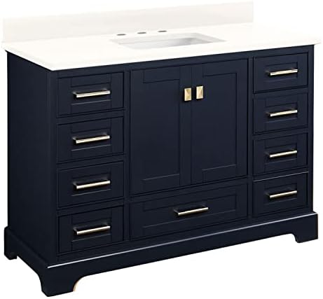 Signature Hardware 483442 Quen 48" Free Standing Single Basin Vanity Set with Cabinet, Vanity Top, and Undermount Sink - 3 Faucet Holes - Midnight Navy Blue/Arctic White Quartz