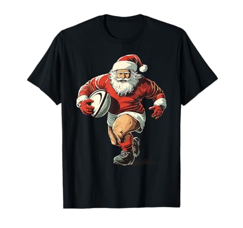 Babbo Natale che gioca a rugby divertente Natale giocatore di rugby pigiama di Natale Maglietta