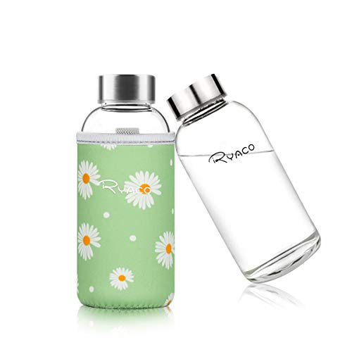 Ryaco Botella de Agua Cristal 360ml, Botella de Agua Reutilizable 12 oz, Sin BPA Antideslizante Protección Neopreno Llevar Manga con Acero Inoxidable Tapas Elegante de Borosilicato Botella