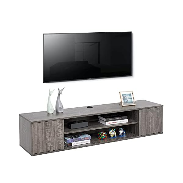 Meerveil Floating TV Unit, Wall Mounted TV Cabinet with 2 Shelves and 2 Push to Open Doors Rustic Industrial for Living Room, 140x32x30 cm Grey