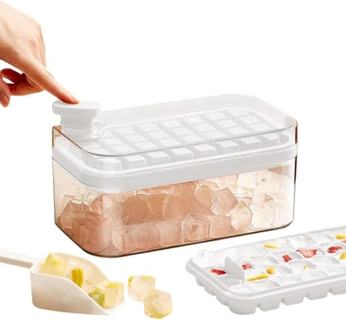 Image of Homecloud 2-Layer Ice Cube Tray with Lid & Bin - BPA-Free Square Ice Cube Molds with Scoop, Easy One-Tap Release, Space-Saving Ice Storage Container, Makes 64 Cubes (White)