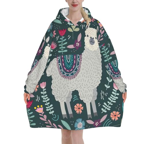 Couverture à capuche lama avec manches et poche géante plaid