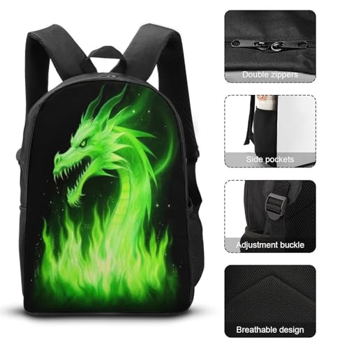 3 Pcs Set Waterproof Black Green Fire Dragon Backpack with Lunch Box Pencil Pouch Set, Backpacks for Travel Accessories3