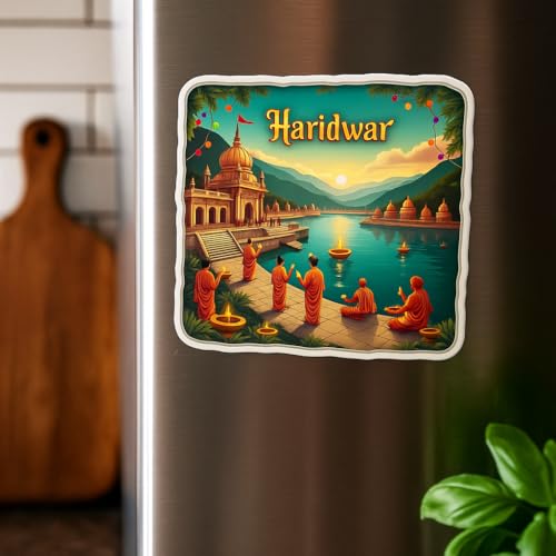 Image of Naxon Haridwar Theme Souvenir Wooden Fridge Magnet for Refrigerator - Printed Fridge Magnet for Kitchen & Home Decor | Perfect Souvenir Gift | Size 3x3 in | Pack of 1