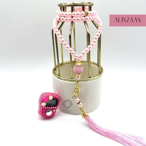 Image of Digital Prayer Counter Tasbih with Display Screen, Pink Pearl Beads, Decorative Frame Display