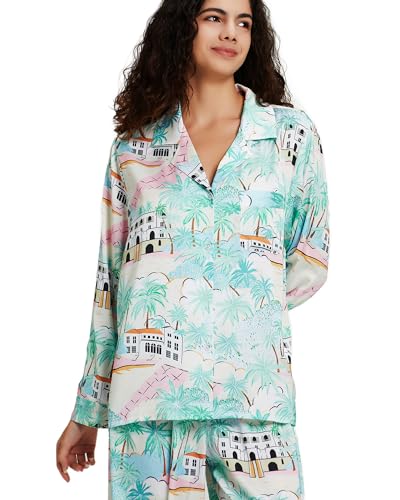 Image of YiNi LuLu Womens Silk Satin Pajamas Set Button Down 2 Piece Pjs Long Sleeve Oversized Sleepwear with Pockets