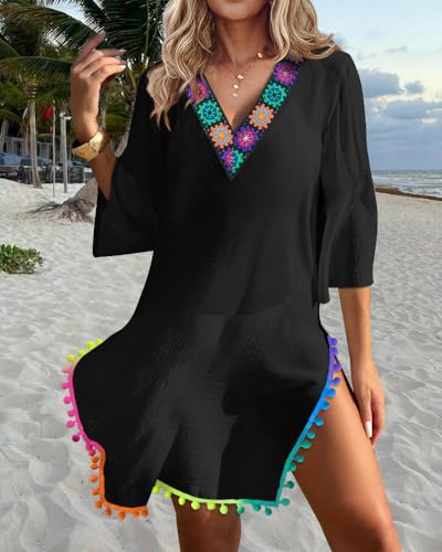 Womens Boho Tribal Print V Neck Loose Dress Side Slit Tassel Hem Short Sleeve Casual Daily Summer Vacation Beach Cover Up