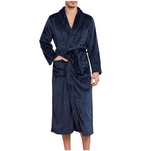 Mens Robe Fall Winter Fleece Warm Plush Bathrobes Lightweight Long Sleeve Pajama Robes Trendy Solid Color Shower Robe