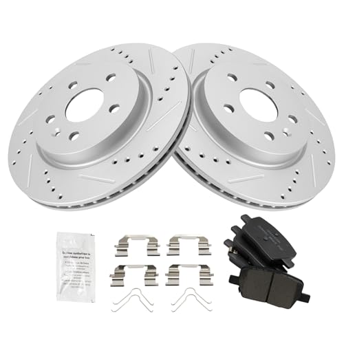 Image of TRQ Performance Rear Ceramic Brake Pad and Rotor Set Drilled Slotted Coated Compatible with 17-19 Chevrolet Camaro Brake Code JL9 RPO Code J55 Heavy Duty Brakes without Brembo Package