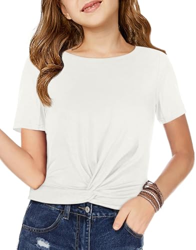 Image of Haloumoning Girls Short Sleeve T Shirts Kids Summer Twist Front Crop Tops Fashion Tees 5-14 Years