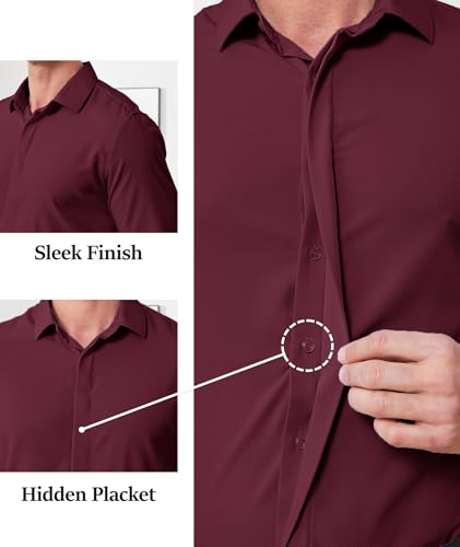 ZITY Mens Hidden Placket Dress Shirts Long Sleeve Button Down Shirt Business Casual Shirts Wine Red - image 3