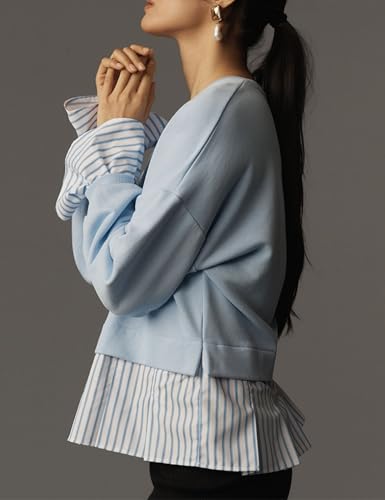 Striped Trim Twofer Sweatshirt For Women Crew Neck Long Sleeve Patchwork Pullover Sweater Outfits3