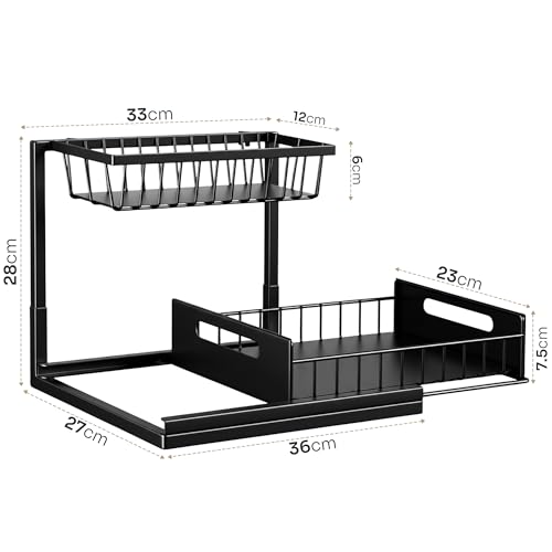 Miniatura 2 de Feyra Organizador Bajo Fregadero 2 Niveles Deslizante Acero Resistente, Estantería Bajo Fregadero De Metal Negra Cajón Inferior Extraíble Ideal Cocina Y Baño