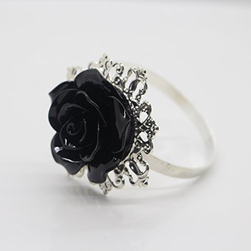 AngHui ShiPin 10pcs Black Rose Decorative Silver Napkin Ring Serviette Holder for Wedding Party Dinner Table Decor Many Color Available for Christmas Table