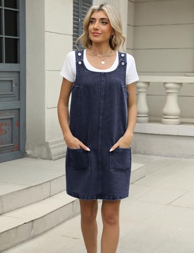 Image of Xaspee Denim Overall Dress for Women Casual Mini Sleeveless Jean Vintage Jumper Skirt Dress with Pockets