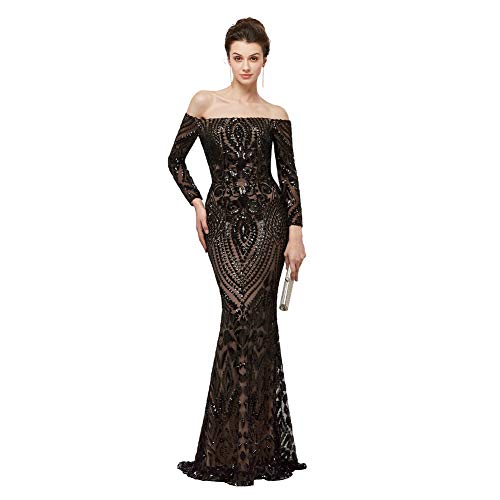 Engerla Off Shoulder Long Sleeves Sequins Mermaid Evening Dress Trumpet Formal Party Prom Gowns
