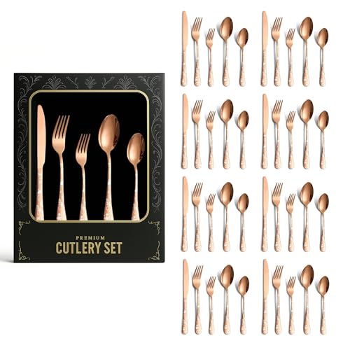 Image of aDai Premium 40 Piece Stainless Steel Cutlery Set | Floral Handle | Includes Spoon Fork Knife Teaspoon | Perfect for Corporate Gifting (Rose Gold)