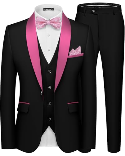 MAGE MALE Men's Slim Fit 3 Piece Suit Solid Shawl Lapel Blazer Jacket Vest Pants Set for Dinner Party Formal Wedding Prom Pink