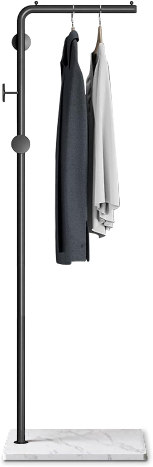 ORCHID M Metal Coat Rack Freestanding with Natural Marble Base, Entryway Coats Hanger Stand with 3 Hooks, Home Hotel Hall Tree for Coats, Hats, Scarves, Clothes, and Handbags (Black-w/white Base)