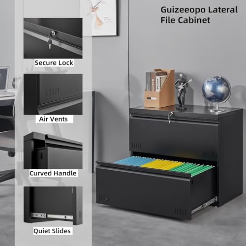 Image of Guizeeopo Metal File Cabinet with Lock, 2 Drawer Lateral File Cabinets for Home Office, Printer Stand, Heavy Duty Office Storage Cabinet for A4 /Letter /Legal Size, Assembly Required(Black)