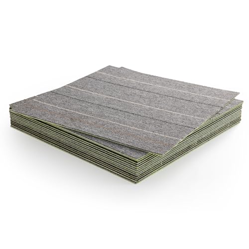 タイル カーペット マット50x50cm 32枚【約5畳】 厚手5mm 大判 専用ずれ防止テープ付き 難燃性 磨耗に耐え 耐久性 タイルマット カット可能 床暖房対応 原状回復可 会社/家庭/賃貸/業務用/住宅/高齢者用 杢グレーボーダー（色番0202） [3]