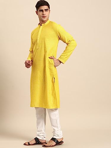 Image of Rajubhai Hargovindas Men Pure Cotton Chikankari Embroidered Straight Kurta