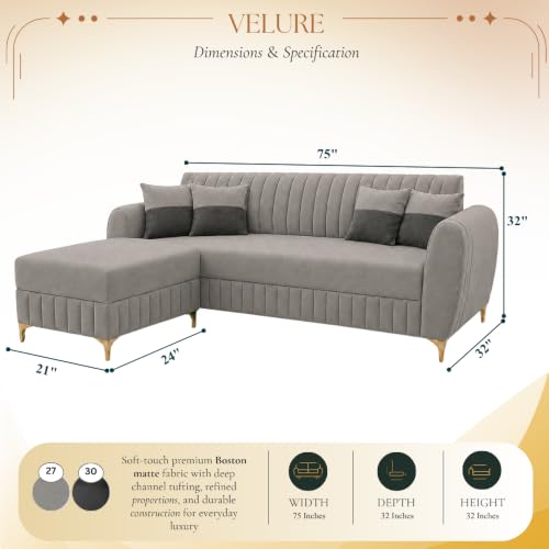 Image of CASASTYLE Signature Velour 4-Seater L-Shape Sofa Set with Movable Ottoman | Flexible LHS /RHS Layout | Boston Matte Fabric | 40D Foam + Zigzag Spring | 3-Yr Warranty (Light Grey)