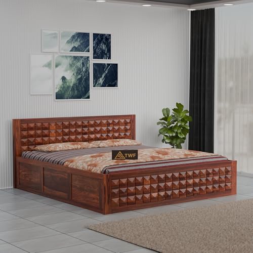 Image of Solid Sheesham Wood Queen Size Bed with Storage Box | Wooden Double Bed for Bedroom | Diamond Design Double Bed Cot Palang for Home | Rosewood, Honey Finish