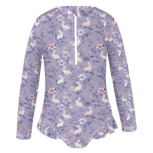 ALAZA Toddler Swimsuit Girl Bathing Suit Swimwear Rash Guard Purple Flower Rabbit Long Sleeve 3T2