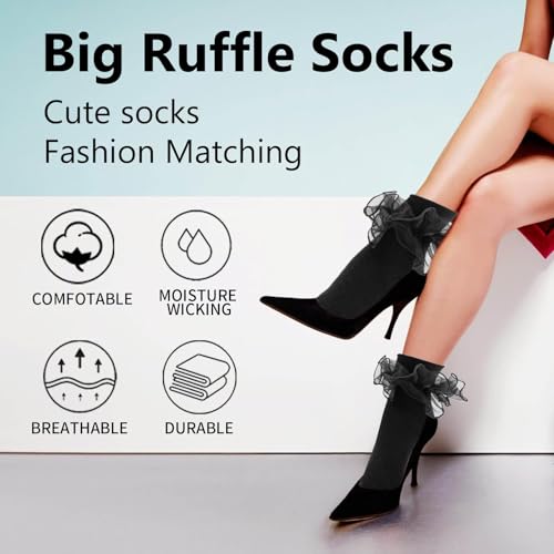Image of Women Big Ruffle Ankle Socks Adult Double Lace Frilly Turn Cuff Dress Socks Cotton Cute Fancy Bobby Crew Socks