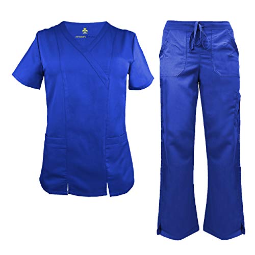 Soft Premium Professional Work-Wear 2 Pocket Cross Over Tunic Top and Pant Set (True Royal Blue, X-Large)