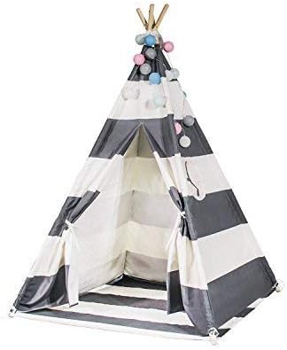 TOUCH-RICH Durable Teepee for Kids 5 ft 4 Poles Indian Play Tent Sturdy & Safe Kids' Furniture with Window & Floor (Stripe Grey Teepee)