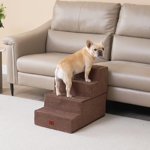 Image of EHEYCIGA Dog Stairs for Bed 18 inch H, 4-Step Dog Steps for High Bed, Pet Steps for Small Dogs and Cats, Non-Slip Balanced Pet Indoor Ramp, Brown