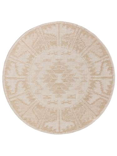 benuta Nest Teppich Bronco - Creme 200 cm Rund - Kunstfaser - Outdoor geeignet - Rund & im Style: Geometrisch, Minimalistisch - Pflegeleicht für Wohnzimmer Schlafzimmer
