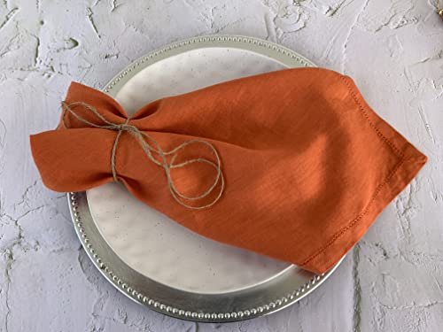 Hemstitched Linen Napkins – 20 Inch X 20 Inch – Stonewashed Pure Linen Cloth Dinner Napkins With Mitered Corners - 100% French Flax – Machine Washable - Set Of 4 (Sunset Orange) #TOP4