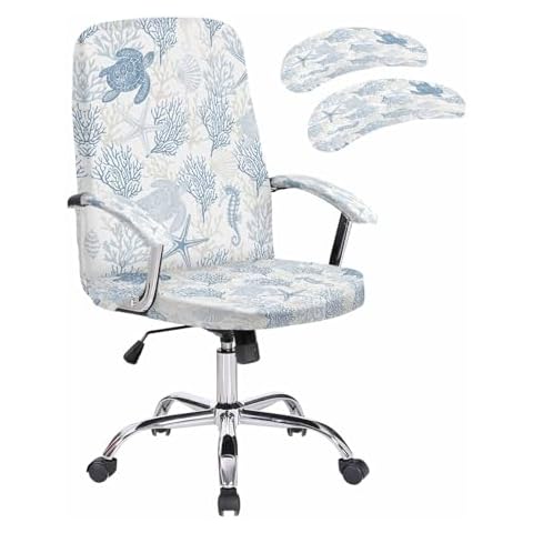 Ldtrchee Blue Grey Coastal Office Chair Covers with Armrest Covers, Rotating Chair Cover, Sea Turtle Nautical Coral Summer Beach Armchair Slipcovers Decorative Backrest and Seat Protectors, Large Cover