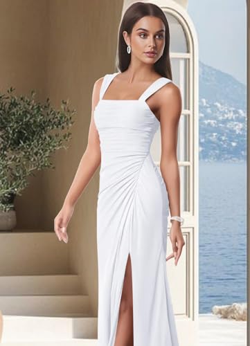 firfig Womens Elegant Square Neck Split Long Dress Mesh Sleevelesss Self Tie Open Back Club Cocktail Party Maxi Dress, White Large3