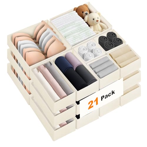 FANS-ONE Drawer Organizer Clothes, 21 Pack Dresser Organizer for Baby Clothes, Underwear, Socks, 3 Sizes Foldable Closet Organization and Storage Bins for Nursery, Bedroom (Light Beige)