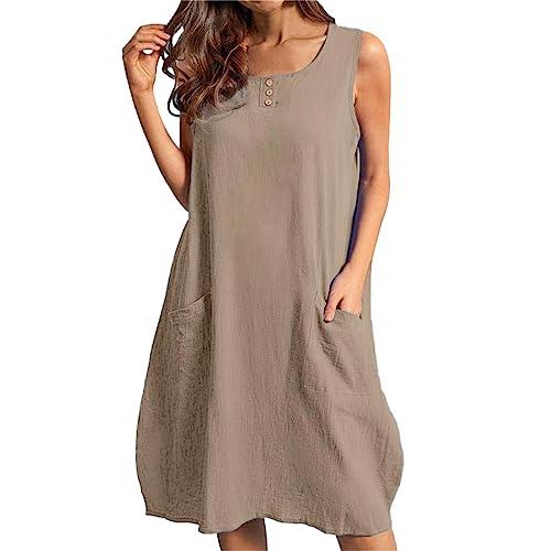 Vestido feminino de verão, algodão, linho, alças finas, bolso grande, botão, gola V, vestido sem man