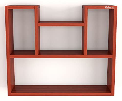 Image of Madhuran Riya Engineered Wood Wall Mounted Books Cum Decorative Items Display Shelf Rack Shelves (60x15x50 CM Teak) Home Decor Items Living Room Office Bedroom Multipurpose Bookends