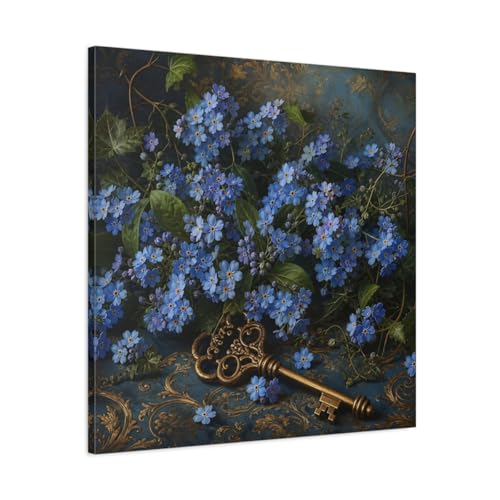 Toile Fleur Myosotis Bleu et Or | Art Mural Poétique Déco Salon Lumineux