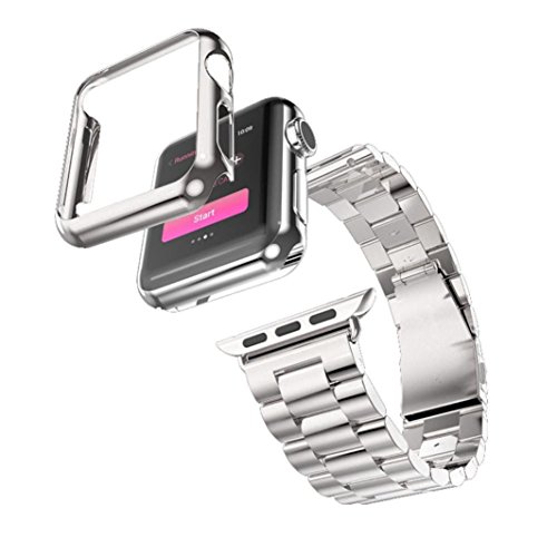 Creazy Stainless Steel Strap Watch Band+Adapter+Case Cover for Apple Watch 38mm (Silver)