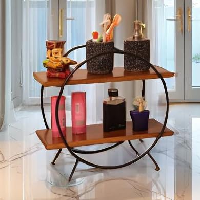 Image of 2 Tier Spice Rack Organizer for Kitchen Countertop - Metal & Wooden Masala Stand Condiments, Seasonings Multipurpose Storage Rack for Home & Kitchen Decor (Blk Brown) (Black Brown)