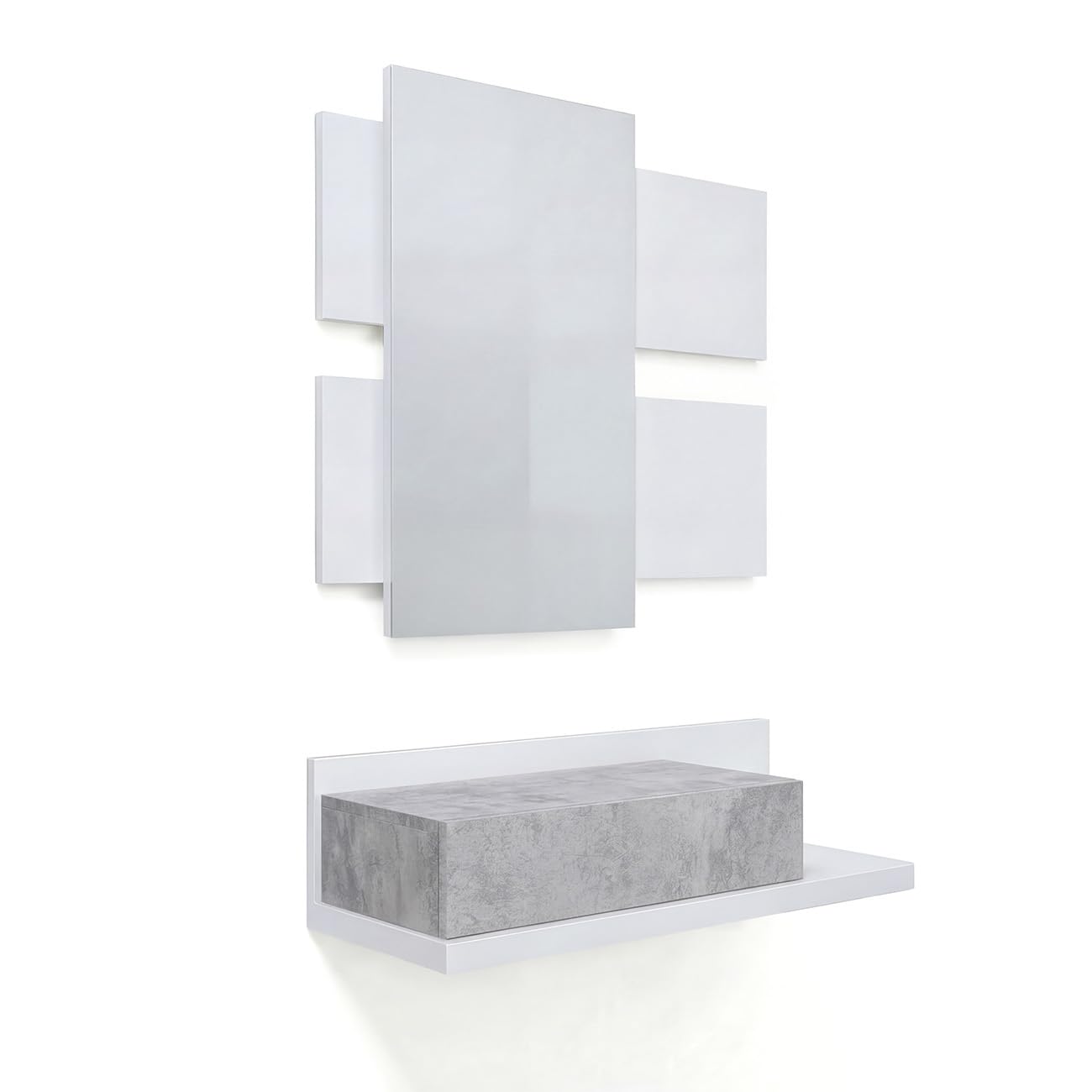 duehome | Recibidor con cajón y Espejo, Mueble de Entrada, Modelo Milo, Acabado en Blanco Artik y Cemento, Medidas: 75 cm (Largo) x 29 cm (Fondo) x 116 cm (Alto)