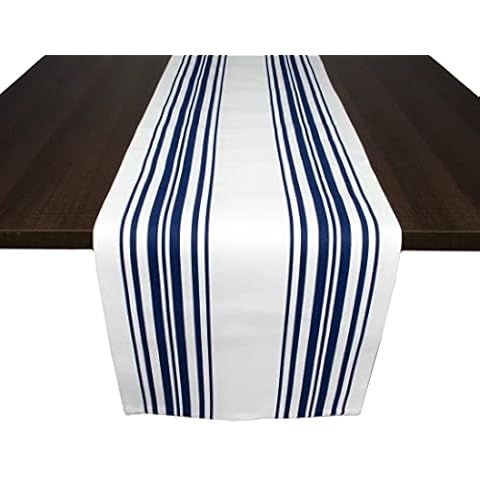 PurpleEssences Stripe Table Runner - Navy and White, 100% Cotton French Stripe Table Runner 14 x 108 Inch - Farmhouse Fall Table Runner Cover