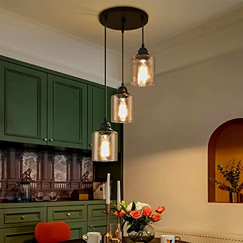 Sinmila 3-Lights Industrial Pendant Light With Glass Shade Matte Black Pendant Lighting Adjustable Industrial Retro Style Hanging Light Fixture For Kitchen, Farmhouse #TOP4