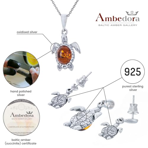 Conjunto de joyas de plata de ley con ámbar báltico coñac collar y pendientes de tortuga 5