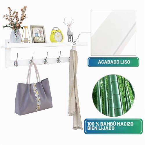Miniatura 6 de Smibuy Percheros Con Estante De Pared, Perchero De Entrada De 74 Cm Para Pared, Estante Colgante De Bambú Con 5 Ganchos Dobles De Metal Para Baño, Dormitorio, Cocina, Sala De Estar Blanco Plata