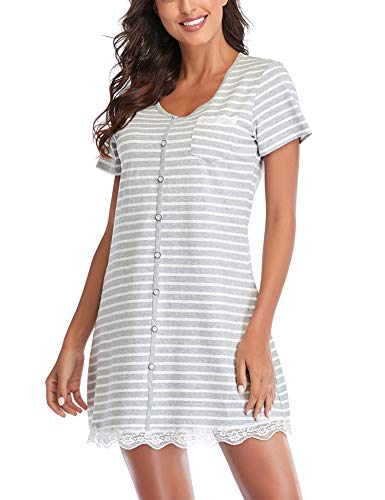 COLORFULLEAF Damen Baumwolle Nachthemd Nachtwäsche Kurzarm Nachthemd Weich U-Ausschnitt T-Shirt Schlafkleid, Grau gestreift, XX-Large Cover